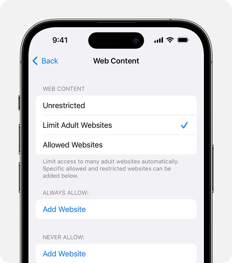 an iPhone settings screen showing screen time limiting access to adult web sites